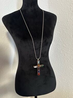 Vintage Sterling Silver Multicolor Stone Cross Pendant Necklace - Women Jewelry